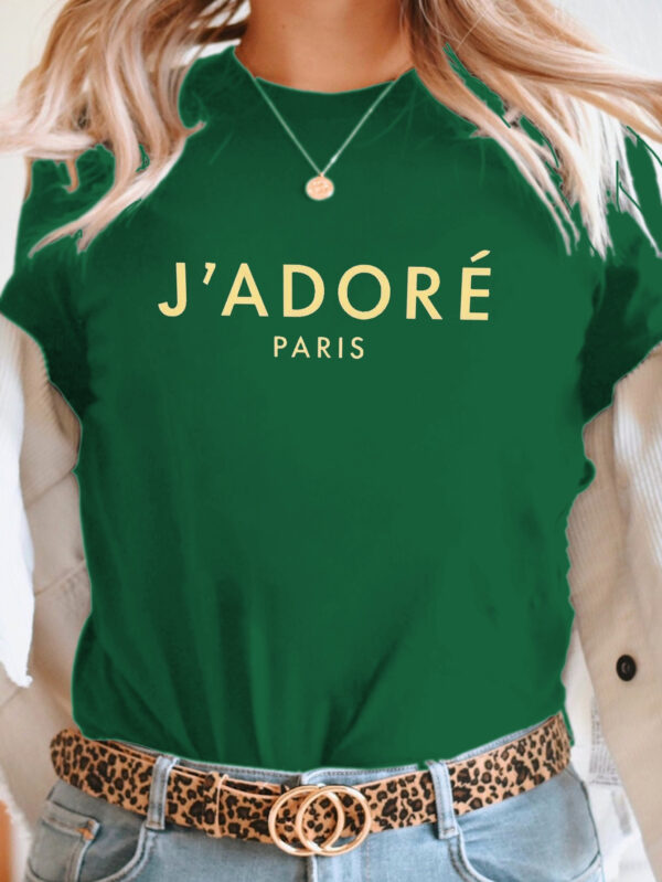 Women'S "J'Adore Paris" Bold Text Print T-Shirt - Short Sleeve Crew Neck Casual Top for Spring & Summer, Black with Golden Lettering, Polyester Blend, Machine Washable, Casual Summer Top | Round Neckline Top | Glossy Texture, Ladies T Shirt - Image 2