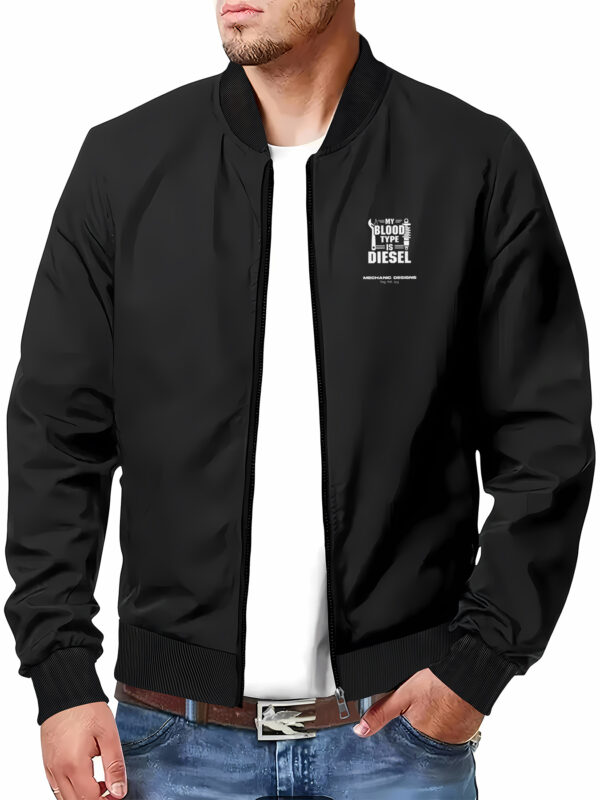 Men'S Slim Fit Zip-Up Jacket with "MY BLOOD TYPE IS DIESEL" Print - Casual Stand Collar, Polyester, Perfect for Spring & Fall, Sporty Design with Ribbed Cuffs & Hem, Machine Washable, Trendy Outerwear | Geometric Print Jacket | Glossy Finish Jacket - Image 7