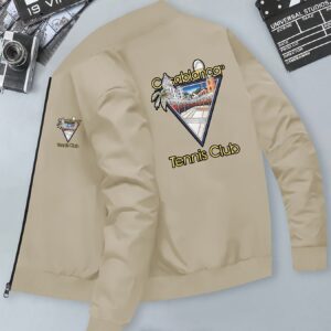 Casual Style | Elegant Tennis Court Print Bomber Jacket for Men - Slim Fit, Zip-Up, Stand Collar, Knit Polyester, Fall/Winter Fashion, Pockets Detail, Ideal for Casual Streetwear