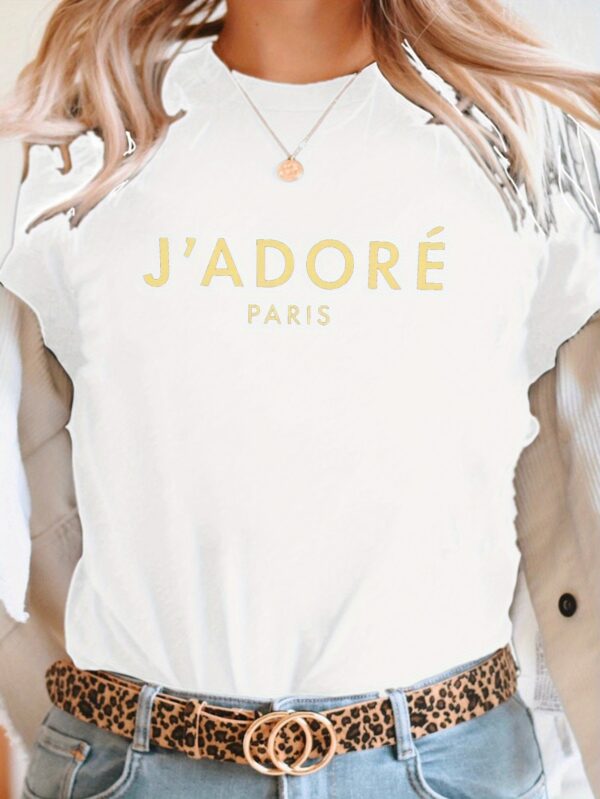Women'S "J'Adore Paris" Bold Text Print T-Shirt - Short Sleeve Crew Neck Casual Top for Spring & Summer, Black with Golden Lettering, Polyester Blend, Machine Washable, Casual Summer Top | Round Neckline Top | Glossy Texture, Ladies T Shirt - Image 3