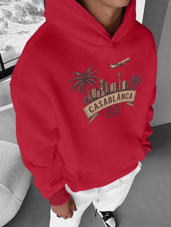 Men'S Casual Polyester Hoodie with Casablanca City Skyline Print, Long Sleeve, Non-Stretch Knit Fabric, Loose Fit with Pocket Detail, Perfect for Weekend Casual Wear in Fall/Winter - Image 3
