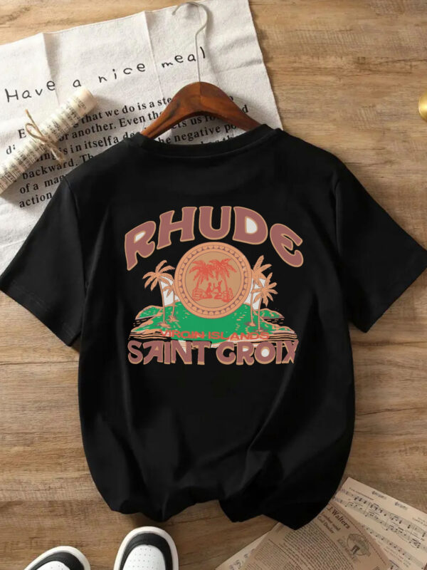RHUDE Women's Short Sleeve T-Shirt - Black with Tropical Palm Tree & Alligator Print, Comfortable Fit, Casual Style, Machine Washable, Perfect for Casual Attire - Image 2