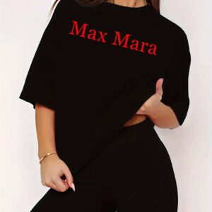 Max Mara letter printed casual shorts set, paired with round neck short sleeved T-shirt and tight shorts, Women's fashionable clothing