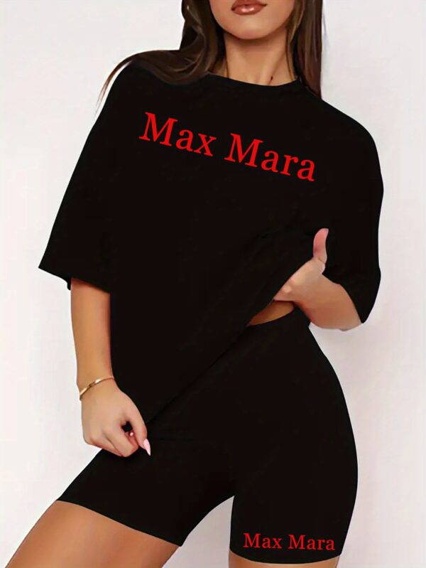 Max Mara letter printed casual shorts set, paired with round neck short sleeved T-shirt and tight shorts, Women's fashionable clothing