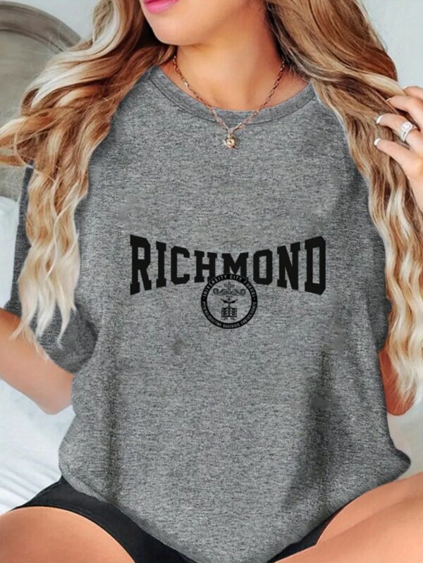 Women's Richmond Graphic Print T-Shirt - Soft Breathable Polyester Blend, Quick-Dry Casual Short Sleeve Tee with Bold Lettering & Circular Emblem Design for Outdoor Activities & Casual Attire, Machine Washable, All-Season Comfort, Nontransparent Material - Image 3