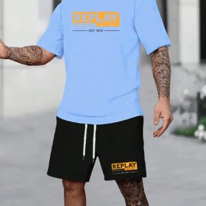 REPLAY New York City Fashion Set - Men'S Black Shorts & White T-Shirt Combo, Casual Sporty Style with Drawstring Waist, Crew Neck, Stretch Fabric, Summer Activewear|Urban Fashion|Polyester Fabri