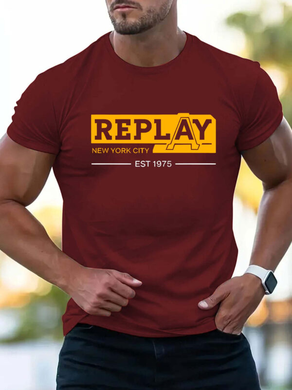 Men'S "REPLAY" Graphic T-Shirt - Casual Summer Short Sleeve, Beige with Bold Orange Lettering & Logo, Lightweight Polyester, Perfect for Outdoor Activities & Sporty Look, Summer Sportswear | Logo Print Tee | Knit Constructio - Image 2