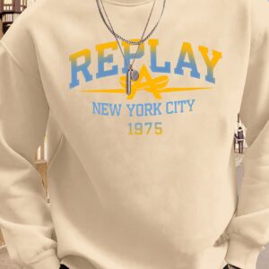 Men'S Casual Crew Neck Sweatshirt - "REPLAY" New York City 1975 Graphic, Loose Fit, Slight Stretch Fabric, Beige with Colorful Print, Perfect for Casual Attire, Urban Streetwear | Playful Print | Glossy Fabric, Sweater Hoodi