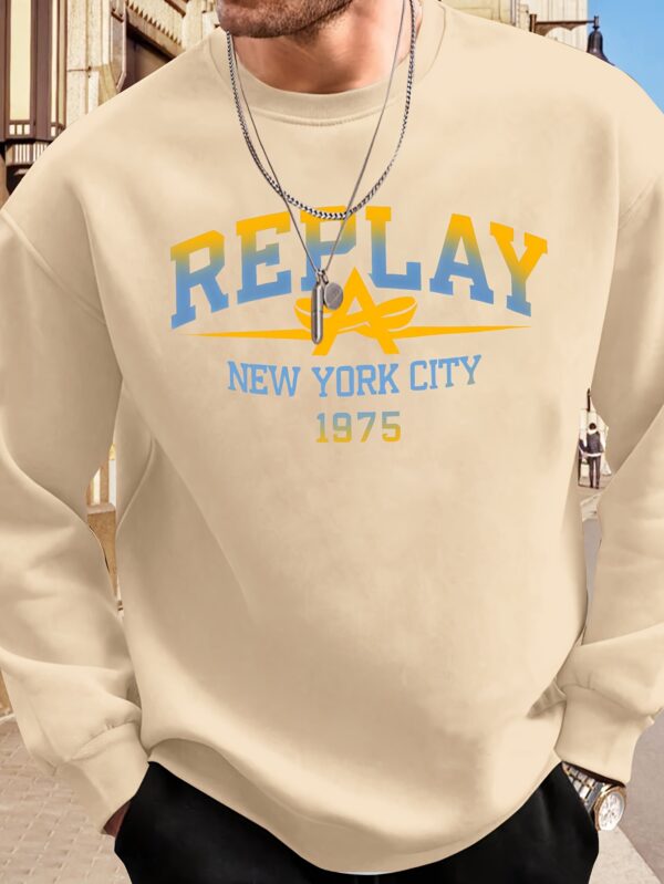 Men'S Casual Crew Neck Sweatshirt - "REPLAY" New York City 1975 Graphic, Loose Fit, Slight Stretch Fabric, Beige with Colorful Print, Perfect for Casual Attire, Urban Streetwear | Playful Print | Glossy Fabric, Sweater Hoodi