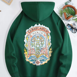 Men'S Casual "CASABLANCA PARIS" Graphic Hoodie with Kangaroo Pocket - Green, Drawstring, All-Season Pullover, Casual Wear Hoodie|Graphic Hoodie|Comfortable Fit, Essential Hoodie