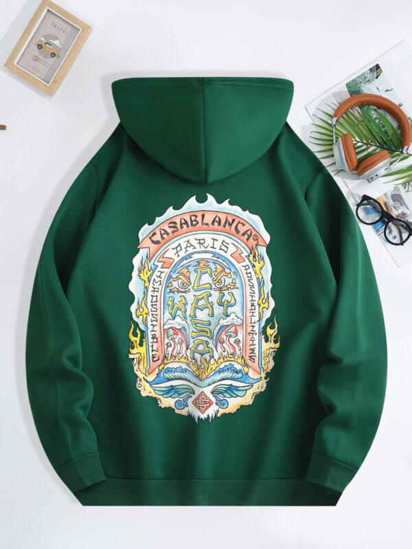 Men'S Casual "CASABLANCA PARIS" Graphic Hoodie with Kangaroo Pocket - Green, Drawstring, All-Season Pullover, Casual Wear Hoodie|Graphic Hoodie|Comfortable Fit, Essential Hoodie