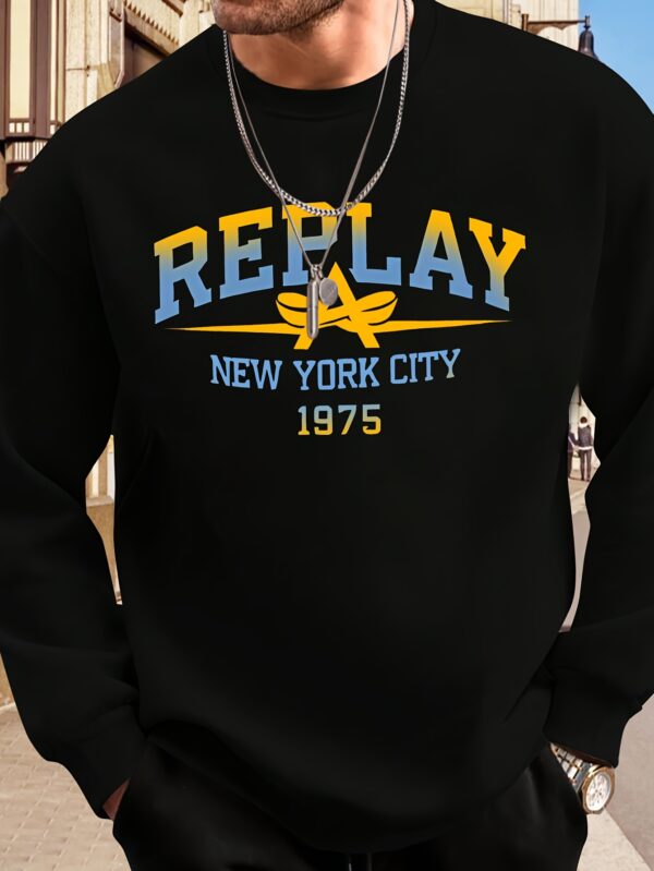 Men'S Casual Crew Neck Sweatshirt - "REPLAY" New York City 1975 Graphic, Loose Fit, Slight Stretch Fabric, Beige with Colorful Print, Perfect for Casual Attire, Urban Streetwear | Playful Print | Glossy Fabric, Sweater Hoodi - Image 2