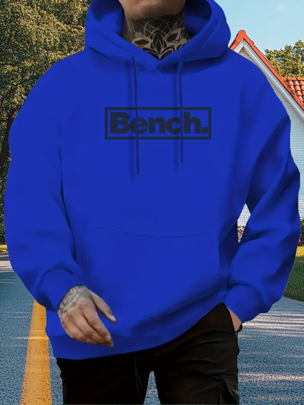 Men'S Casual Fleece-Lined Hoodie with "BENCH" Print - Black, All-Season Comfort, Regular Fit, Ideal for Outdoor Activities, Outdoor Casual Wear|Hooded Sweatshirt|Fleece Lined Hoodie - Image 4