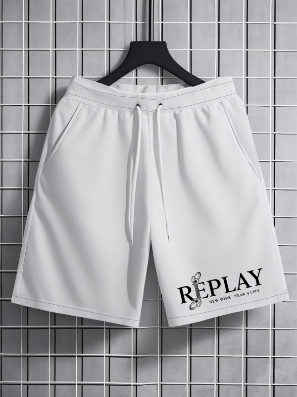 Men'S Summer Casual Shorts with 3D Print "REPLAY" Design - White, Adjustable Drawstring Waist, Non-Stretch Fabric, Perfect for Beach & Weekend Wear, Leisure Shorts | Playful Print Shorts | Comfortable Fit Shorts