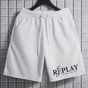 Men'S Summer Casual Shorts with 3D Print "REPLAY" Design - White, Adjustable Drawstring Waist, Non-Stretch Fabric, Perfect for Beach & Weekend Wear, Leisure Shorts | Playful Print Shorts | Comfortable Fit Shorts