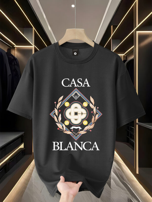 Men'S Trendy "Casa Blanca" Graphic T-Shirt - 100% Polyester Knit, Casual Crew Neck, Loose Fit, Summer Tee with Embossed Logo and Laurel Wreath Design, Casual Attire | Logo Print Tee | Polyester Fabri - Image 7