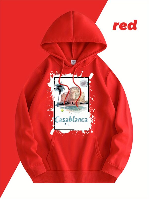 Casablanca Graphic Print Fleece-Lined Hooded Sweatshirt - Light Blue with Front Pocket & Adjustable Drawstring, Cozy Casual Pullover for Casual Attire, Machine Washable, Mother’s Day Gift, Cute Sweatshirts, Aerodynamic Clothing - Image 5