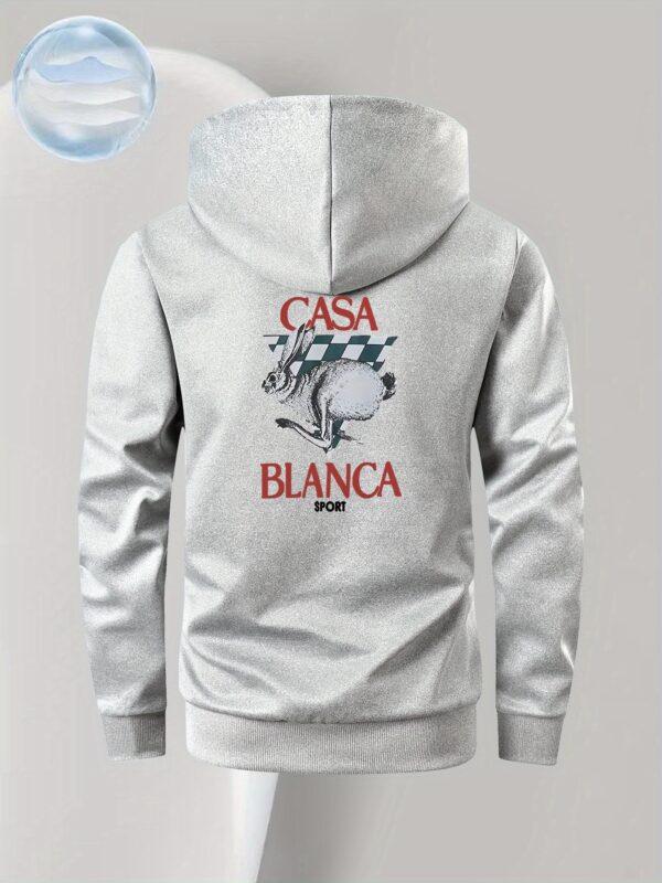 Men's Slim Fit Rabbit Print Hooded Jacket - Black Casual Zipper Front Coat with Checkered Accents & "CASA BLANCA" Text, Machine Washable Autumn Winter Outerwear, Sleek Design - Image 5