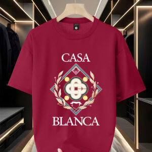 Men'S Trendy "Casa Blanca" Graphic T-Shirt - 100% Polyester Knit, Casual Crew Neck, Loose Fit, Summer Tee with Embossed Logo and Laurel Wreath Design, Casual Attire | Logo Print Tee | Polyester Fabri