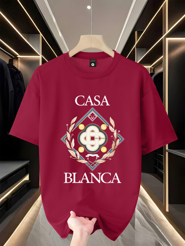 Men'S Trendy "Casa Blanca" Graphic T-Shirt - 100% Polyester Knit, Casual Crew Neck, Loose Fit, Summer Tee with Embossed Logo and Laurel Wreath Design, Casual Attire | Logo Print Tee | Polyester Fabri