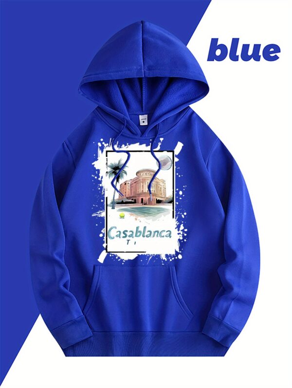 Casablanca Graphic Print Fleece-Lined Hooded Sweatshirt - Light Blue with Front Pocket & Adjustable Drawstring, Cozy Casual Pullover for Casual Attire, Machine Washable, Mother’s Day Gift, Cute Sweatshirts, Aerodynamic Clothing - Image 3