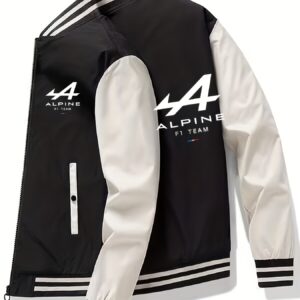Men's Lightweight Baseball Jacket - Casual Sporty Zip-Up Coat with Stand Collar & Alpine Film Logo, & Black Color Block Design, Polyester Lining for Golf Tennis Outdoor Activities, Durable Sports Apparel