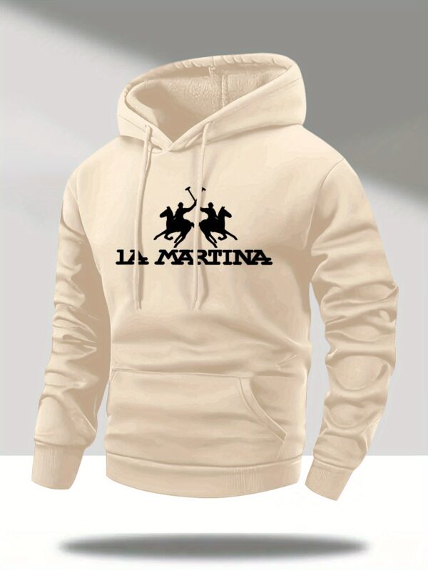 Men's Casual Hooded Sweatshirt - Rich Red Horseback Rider & L'MARTINA Graphic Print, Long Sleeve Pullover with Front Pocket, Machine Washable Autumn Winter Fashion - Image 5