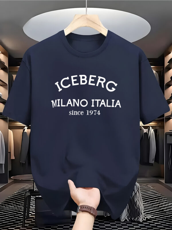 Men'S Casual Crew Neck T-Shirt - Iceberg Milano Italia Graphic, White, Slight Stretch Fabric, Summer Style, Adult Sizes - Image 2
