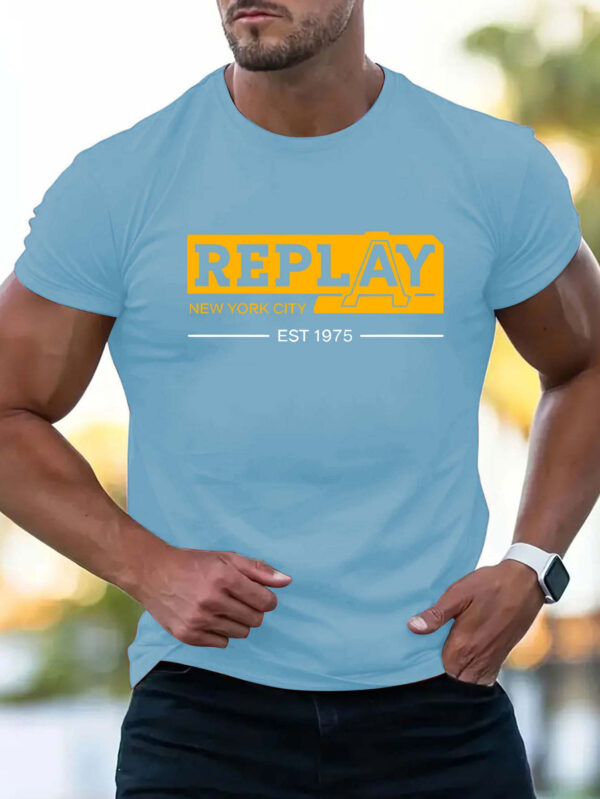 Men'S "REPLAY" Graphic T-Shirt - Casual Summer Short Sleeve, Beige with Bold Orange Lettering & Logo, Lightweight Polyester, Perfect for Outdoor Activities & Sporty Look, Summer Sportswear | Logo Print Tee | Knit Constructio - Image 6