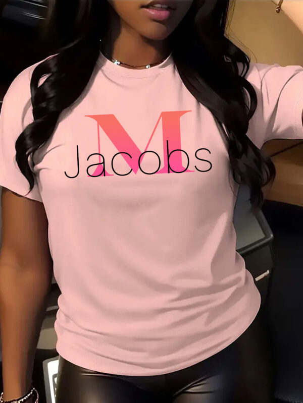 M Jacobs Women's Casual Short Sleeve T-Shirt - Bold Pink 'M' Letter Print on White, Breathable Round Neck Summer Top, Machine Washable Regular Fit Tee for Casual Attire - Image 2