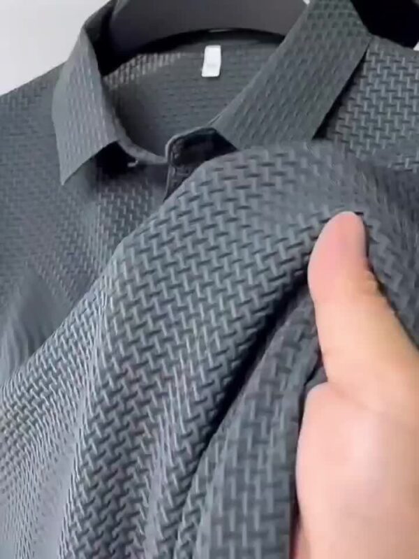 Summer Men'S High-Quality Breathable Quick-Dry Grid Fabric Casual Business Fashion Print Short Sleeve Shirt with Lapel Collar, Button Details, Polyester, Knit Fabric with Slight Stretch, Regular Fit - Work Style - Image 11