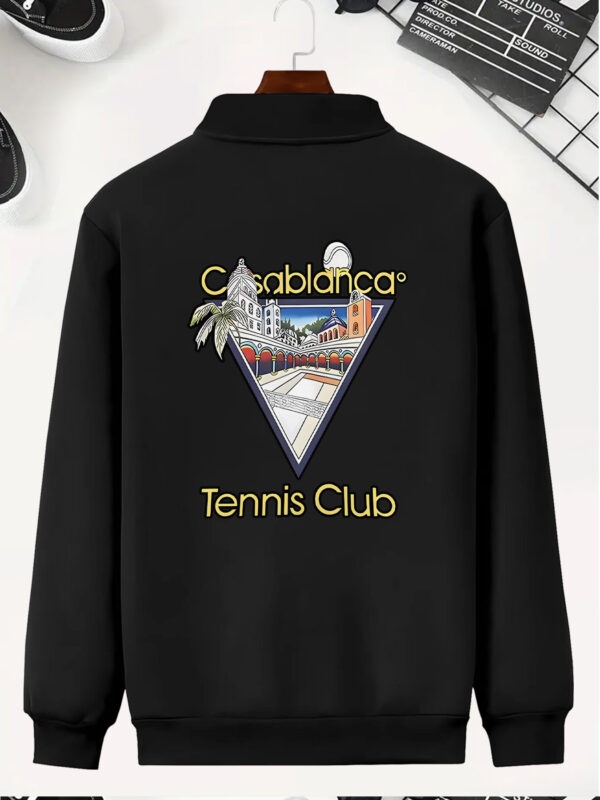 Casual Style | Elegant Tennis Court Print Bomber Jacket for Men - Slim Fit, Zip-Up, Stand Collar, Knit Polyester, Fall/Winter Fashion, Pockets Detail, Ideal for Casual Streetwear - Image 9