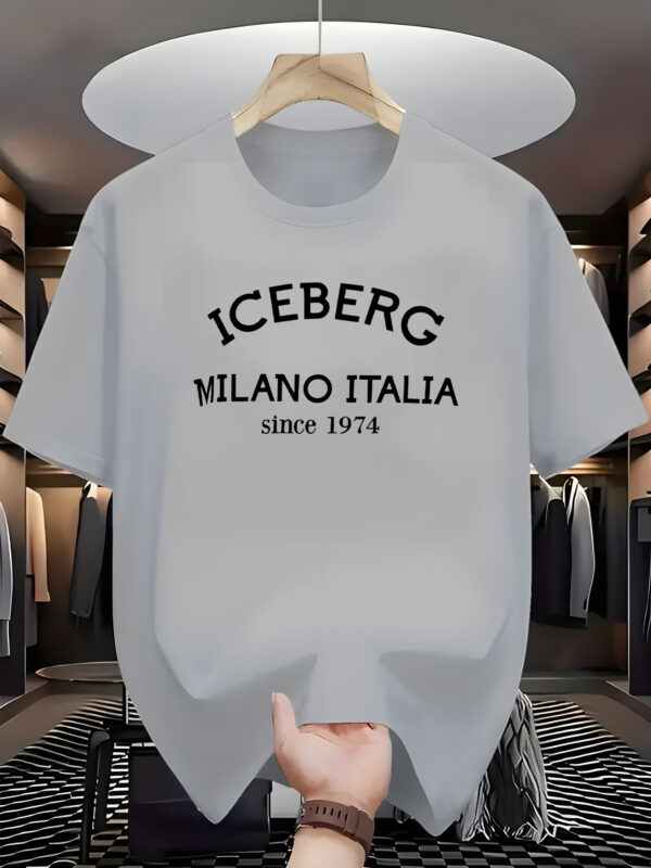 Men'S Casual Crew Neck T-Shirt - Iceberg Milano Italia Graphic, White, Slight Stretch Fabric, Summer Style, Adult Sizes - Image 5