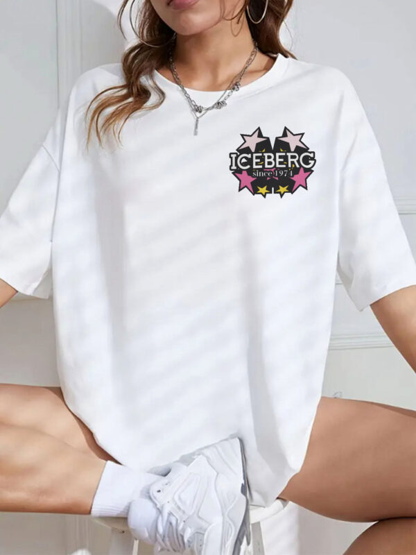 ICEBERG Since 1974 Graphic Tee - Women's Casual Short Sleeve Crewneck T-Shirt, Comfort Fit, White with Pink & Black Star Design, Machine Washable, Spring/Summer/Fall Essential - Image 2