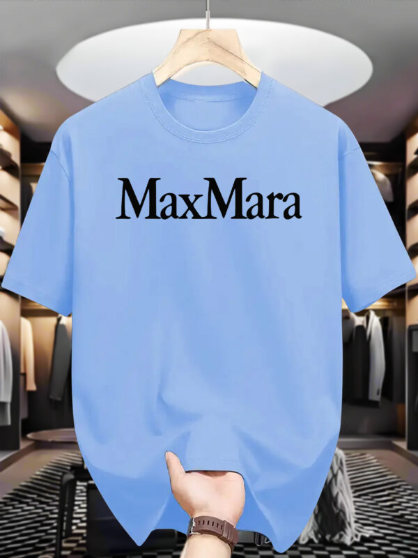 Men's Casual Summer Graphic T-Shirt - Navy Blue Round Neck Short Sleeve Tee with "MAX MARA" Print, Machine Washable, Versatile Fashion Top for Casual Attire, Casual Summer Wear | Trendy Casualwear | Durable Casual Shirt - Image 4