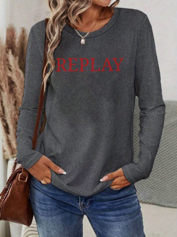 Women's Vibrant Red REPLAY Graphic Long Sleeve T-Shirt - Casual Round Neck Geometric Print Top, Machine Washable Spring/Summer Vacation Wear - Image 2