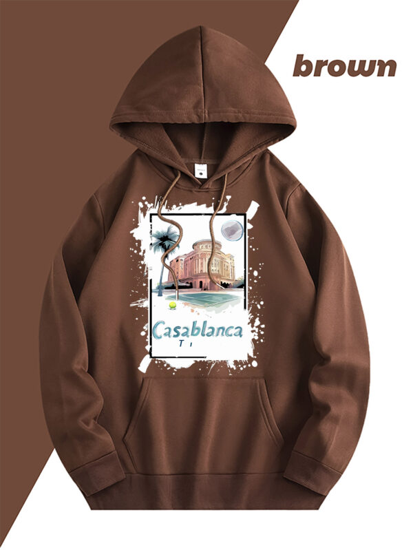 Casablanca Graphic Print Fleece-Lined Hooded Sweatshirt - Light Blue with Front Pocket & Adjustable Drawstring, Cozy Casual Pullover for Casual Attire, Machine Washable, Mother’s Day Gift, Cute Sweatshirts, Aerodynamic Clothing - Image 10