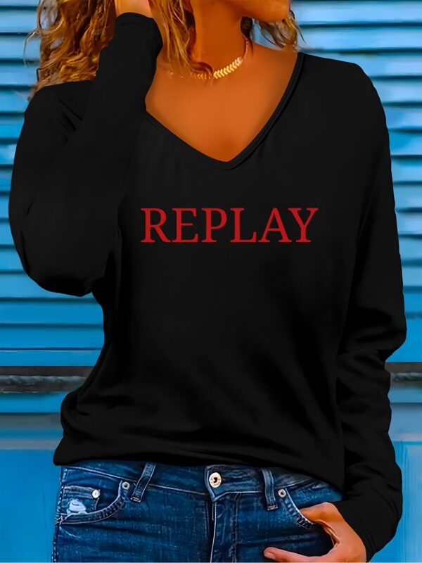 REPLAY Printed Pattern Stylish Casual Versatile V-Neck Long Sleeve T-Shirt for Women, New Slim Fit Top for Spring And Autumn.