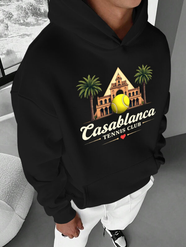 Men'S Casual Hoodie with Tennis Ball & Palm Tree Design - "Casablanca Tennis Club" Print, Loose Fit, Long Sleeve, Pockets, Fall/Winter Wear, Weekend Casual Attire, Tennis Club Apparel | Graphic Hoodie | Comfortable Fit Hoodie - Image 2