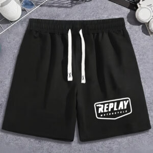 Men's Summer Casual Shorts with "REPLAY" Graphic Print, Elastic Waistband & Side Pockets - Black, Machine Washable, Regular Fit, Summer Shorts, Adjustable Drawstring Closure