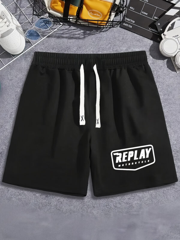 Men's Summer Casual Shorts with "REPLAY" Graphic Print, Elastic Waistband & Side Pockets - Black, Machine Washable, Regular Fit, Summer Shorts, Adjustable Drawstring Closure