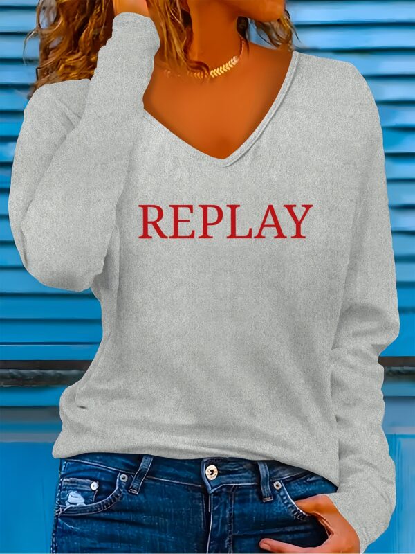 REPLAY Printed Pattern Stylish Casual Versatile V-Neck Long Sleeve T-Shirt for Women, New Slim Fit Top for Spring And Autumn. - Image 4