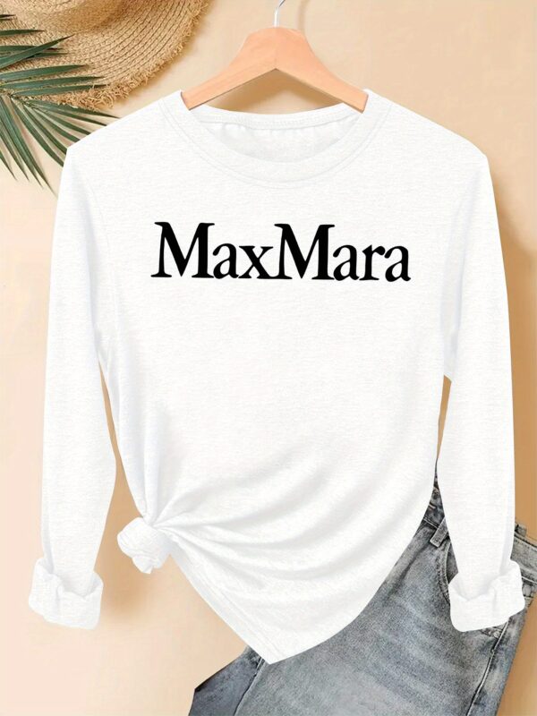 Women'S Casual Long Sleeve T-Shirt with "Max Mara" Print - Soft Polyester Crew Neck Top, Light Gray, Perfect for Fall & Winter, Everyday Clothing | Casual Style | Simple Design - Image 6