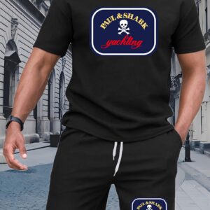 Men'S Print Casual T-Shirt Set, Sports Outfit with Round Neck Design, Soft Tee Top and Leisure Shorts, Cartoon Skull and Lettering Print, Two-Piece Set for All Seasons