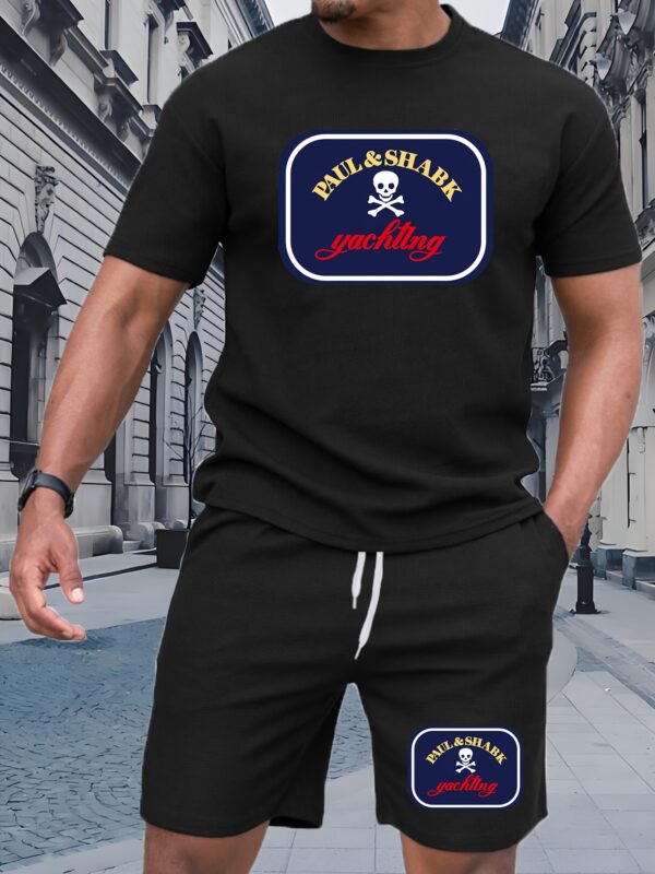 Men'S Print Casual T-Shirt Set, Sports Outfit with Round Neck Design, Soft Tee Top and Leisure Shorts, Cartoon Skull and Lettering Print, Two-Piece Set for All Seasons