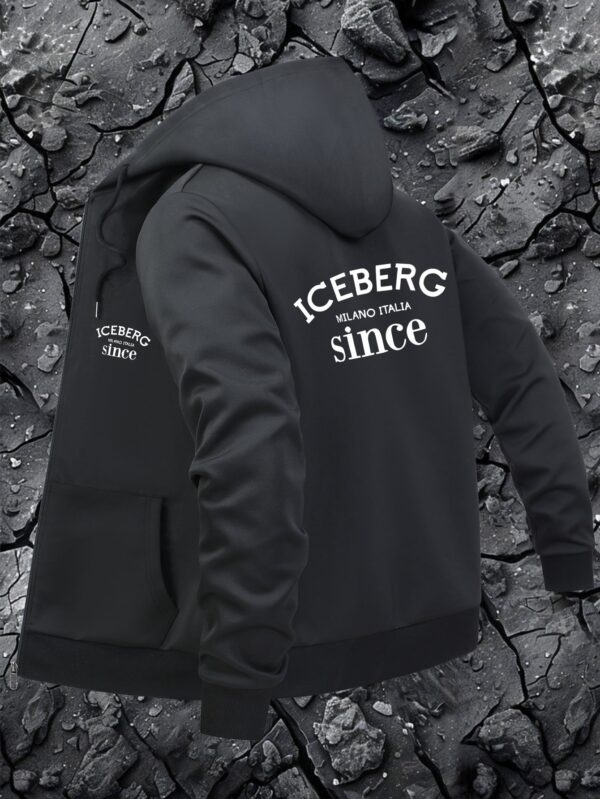 Men'S Navy Blue "ICEBERG MILANO ITALIA since" Hooded Sweatshirt - Casual Style with Zipper Closure, Polyester Lining, Pockets, Casual Wear|Hooded Jacket|Zippered Jacket - Image 2