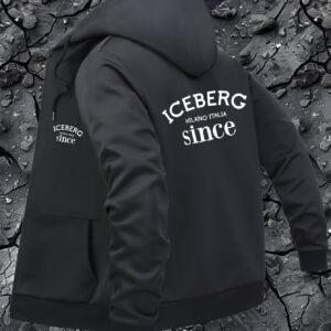 Men's Casual Hooded Jacket with Iceberg Since Graphic Print, Stretch Polyester/Elastane Blend, Zipper Closure, Machine Washable, Black with White Text, Regular Fit & Side Pockets