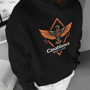Men's Casablanca Tennis Club Geometric Bird Print Hoodie - Black with Orange & White Design, Sleeve, Loose Fit, Polyester, Fall/Winter Casual Wear, Sports Casual Clothing | Bold Graphic Hoodie | Machine Washable Top