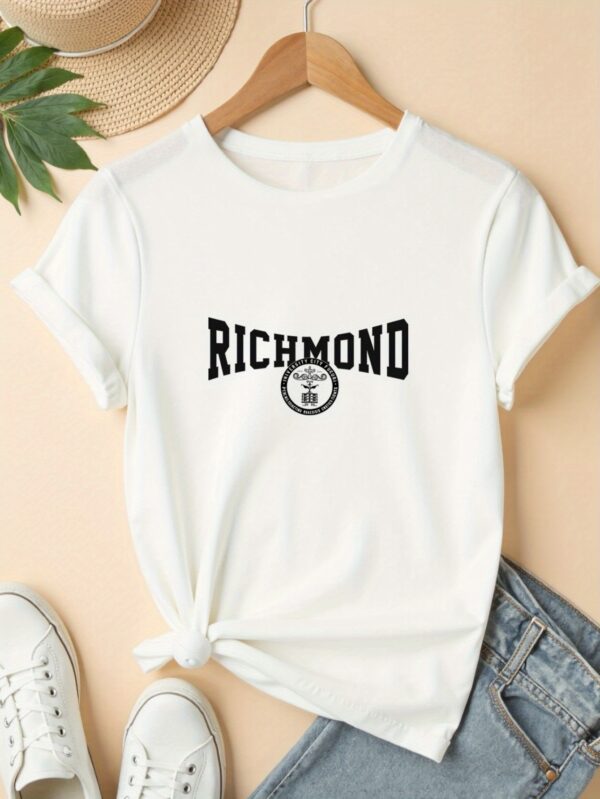 Women's Richmond Graphic Print T-Shirt - Soft Breathable Polyester Blend, Quick-Dry Casual Short Sleeve Tee with Bold Lettering & Circular Emblem Design for Outdoor Activities & Casual Attire, Machine Washable, All-Season Comfort, Nontransparent Material - Image 5