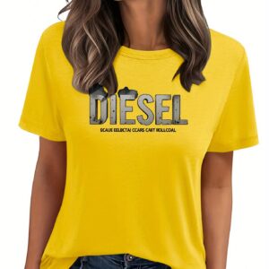 Women'S Elegant Crew Neck Polyester T-Shirt - Bright Yellow with Blue Diesel Graphic, Short Sleeve, Spring/Summer Casual Top for Diesel Enthusiasts, Casual Summer Top | Slogan Graphic Tee | Glossy Textur